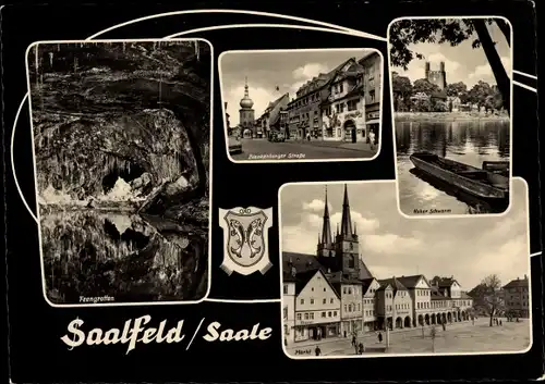 Ak Saalfeld an der Saale Thüringen, Feengrotten, Wappen, Markt, Straßenansicht