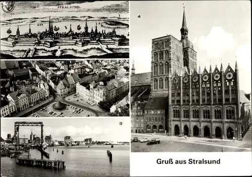 Ak Stralsund in Vorpommern, Gesamtansicht im 17. Jh, Leninplatz von der Marienkirche, Rathaus