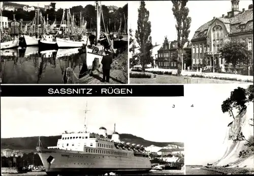 Ak Sassnitz auf Rügen, Fischereihafen, Postamt, Rathaus, Eisenbahnfährschiff MS Saßnitz