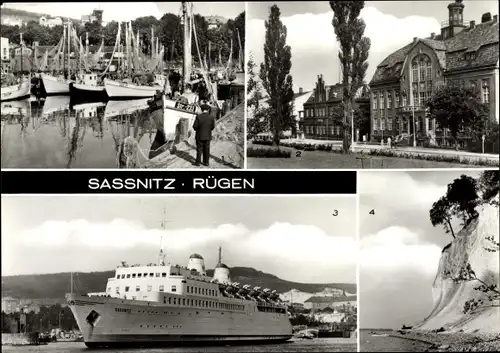 Ak Sassnitz auf Rügen, Fischereihafen, Postamt, Rathaus, Eisenbahnfährschiff MS Saßnitz