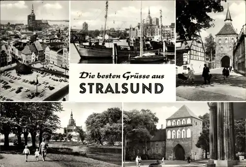 Ak Stralsund in Vorpommern, Panorama, Schiffe im Hafen, Stadttor, Park
