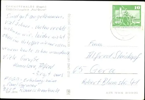 Ak Cämmerswalde Neuhausen im Erzgebirge, FDGB Erholungsheim Paul Grüner, Winter