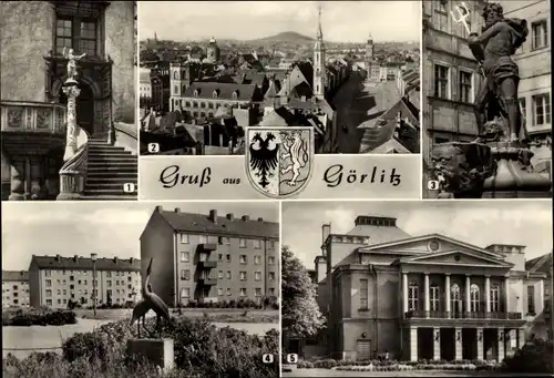 Ak Görlitz in der Lausitz, Rathaustreppe, Justitiasäule, Neptun, Weinhübel, Wappen, Theater