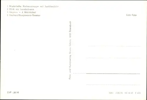 Ak Görlitz in der Lausitz, Rathaustreppe, Justitiasäule, Neptun, Weinhübel, Wappen, Theater