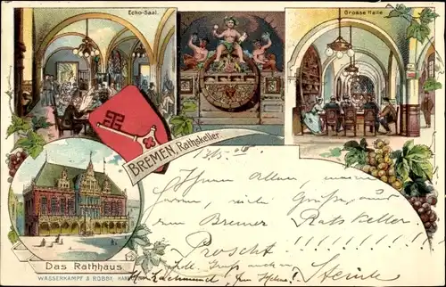 Wappen Litho Hansestadt Bremen, Gasthaus Ratskeller, Rathaus, Innenansicht
