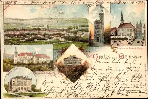 Litho Göttingen Niedersachsen, Bismarck-Turm, Johannis-Kirche, Rathaus, Stadttheater