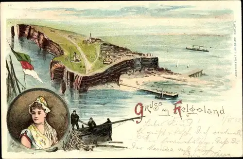 Litho Helgoland in Schleswig Holstein, Totalansicht der Insel, Frau in Tracht