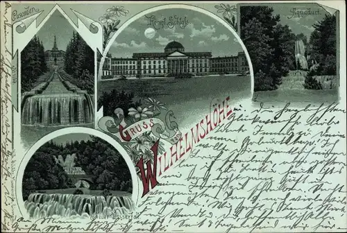 Mondschein Litho Bad Wilhelmshöhe Kassel in Hessen, Cascaden, Schloss, Aquaduct, Wasserfall