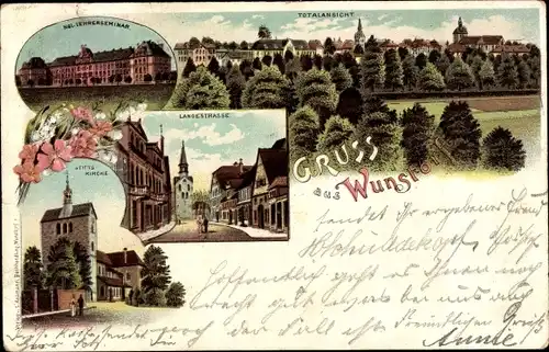 Litho Wunstorf in Niedersachsen, Totale, Lehrerseminar, Kirche, Langestraße