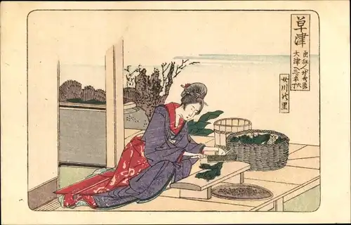 Ak Japanerin beim Kochen, Küche, Messer, Japanische Tracht