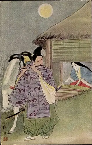 Mondschein Künstler Ak Mann in japanischer Tracht, Flöte, Pferd