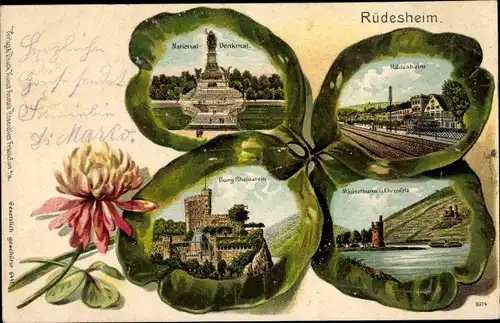 Kleeblatt Litho Rüdesheim am Rhein in Hessen, Niederwald Denkmal, Burg Rheinstein, Mäuseturm
