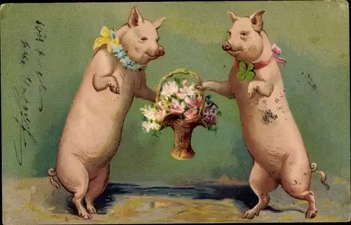 Präge Litho Glückwunsch, Zwei Schweine mit Blumenkorb, Kleeblatt