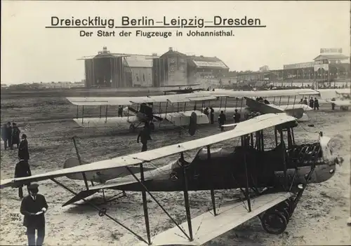 Ak Berlin Treptow Johannisthal, Dreieckflug Berlin-Leipzig-Dresden, Start der Flugzeuge