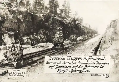 Ak Finnland, Deutsche Eisenbahn-Pioniere auf Draisinen, Bahnstrecke Hangö-Helsingfors, I WK