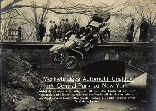 Ak New York City USA, Automobil-Unglück im Central Park, Brücke