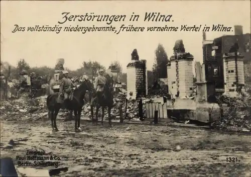 Ak Vilnius Wilna Litauen, Kriegszerstörungen, Deutsche Soldaten in Uniformen, Reiter, I WK