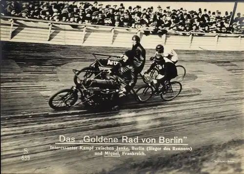 Ak Berlin Charlottenburg, Das Goldene Rad von Berlin, Steher-Rennen, Janke, Miquel