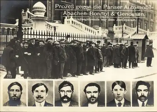 Ak Prozess gegen die Pariser Automobil-Apachen, Bonnot-Bande, Bankräuber, Portraits