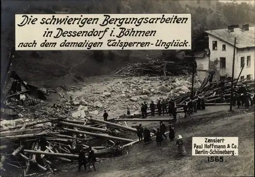 Ak Desná Dessendorf Region Reichenberg, Dammbruch der Talsperre am Fluss Weiße Desse 1916