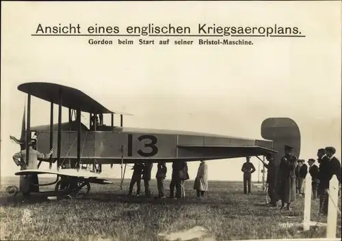 Ak Englisches Kampfflugzeug, Gordon beim Start auf seiner Bristol-Maschine