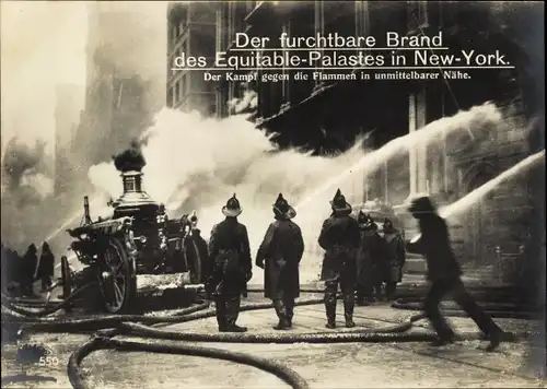 Ak New York City USA, Brand des Equitable-Palastes, Feuerwehr im Einsatz