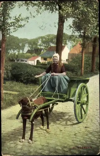 Ak Hundekarren, Frau in niederländischer Tracht