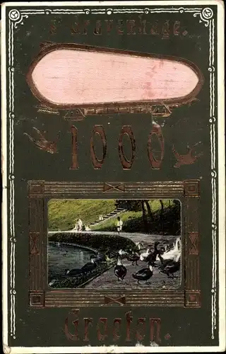 Präge Passepartout Ak 's Gravenhage Den Haag Südholland, Teich, Gänse, Luftschiff