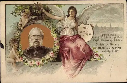 Künstler Litho König Albert von Sachsen, Portrait des Königs, 1828-1898, 70jähriges Jubiläum, Engel