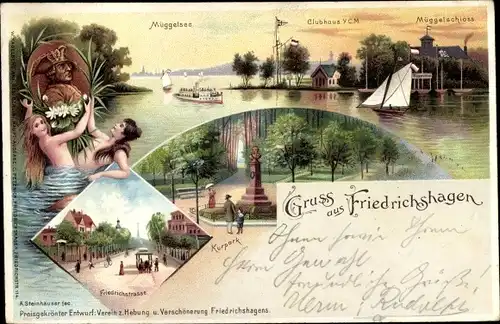 Litho Berlin Köpenick Friedrichshagen, Müggelsee, Müggelschloss, Kurpark, Nixen, Clubhaus YCM