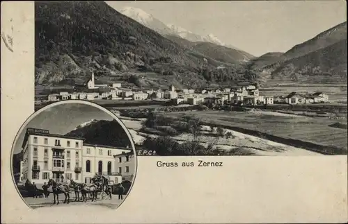 Ak Zernez Kt. Graubünden, Stadtansicht, Hotel, Kutsche