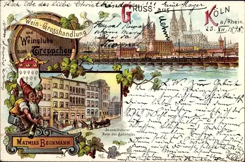 Litho Köln am Rhein, Weinhandlung Weinstube zum Treppchen, Zwerg, Dom, Schiffbrücke