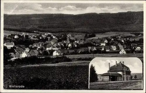 Ak Wellerode Söhrewald in Hessen, Panorama, Bahnhof der Söhre-Bahn, Bahnhofsrestauration