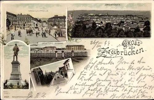 Litho Zweibrücken in der Pfalz, Panorama, Herzogsstraße, Bismarckdenkmal, Infanteriekaserne