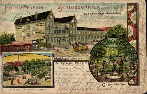 Litho Herrenhausen Hannover, Hotel und Pension Schlossgarten, Concertpavillon, Straßenbahn