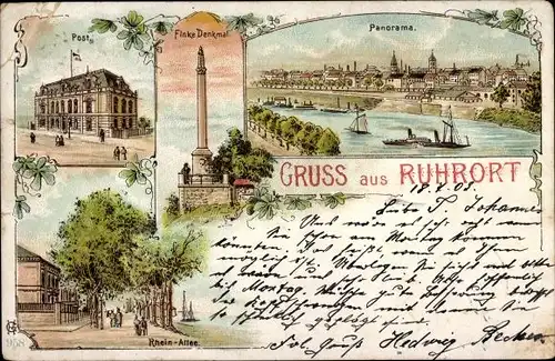 Litho Ruhrort Duisburg im Ruhrgebiet, Post, Finkedenkmal, Rheinallee, Panorama