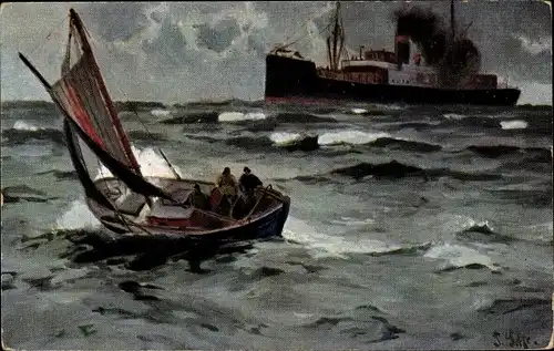 Künstler Ak Dampfer auf dem Meer, Segelboot