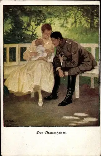 Künstler Ak Wennerberg, Bruno, Der Stammhalter, Soldat, Frau, Kind