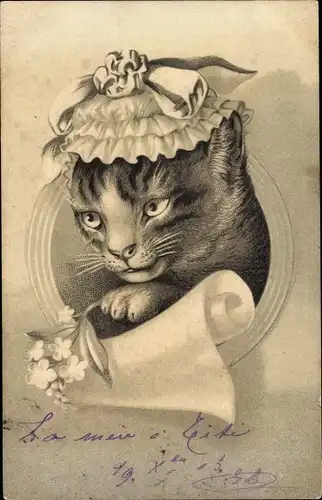 Präge Künstler Ak Katze mit Haube, Blumen