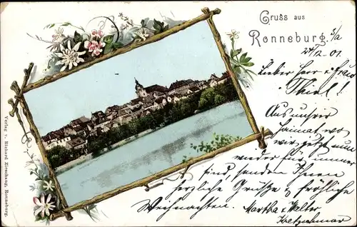 Passepartout Ak Ronneburg in Thüringen, Totalansicht der Ortschaft