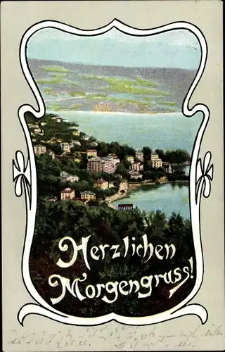 Jugendstil Ak Herzlichen Morgengruß, Küstenlandschaft, Ortschaft