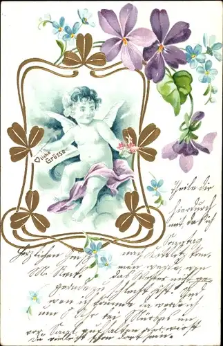 Präge Litho Engel, Veilchen, Kleeblätter