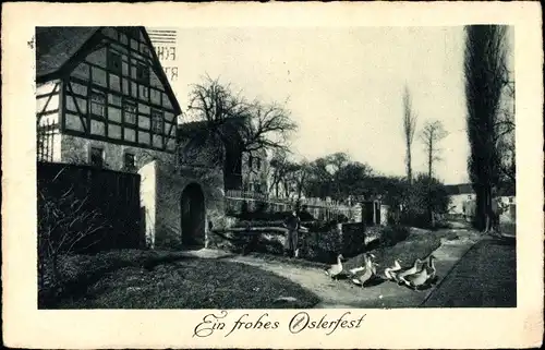 Ak Glückwunsch Ostern, Enten auf einem Weg, Fachwerkhaus