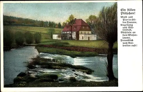 Gedicht Ak Ein stilles Plätzchen, Landschaft, Fluss, Gutshaus