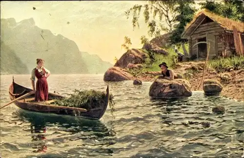 Künstler Ak Dahl, Frau im Ruderboot, Mann am Ufer, Sense