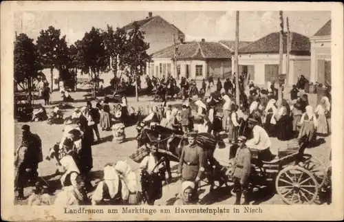 Ak Niš Nisch Serbien, Landfrauen am Markttage am Havensteinplatz, Deutsche Soldaten, I. WK
