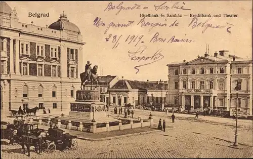 Ak Belgrad Serbien, Kreditbank und Theater, Reiterstandbild, Pferdekutsche