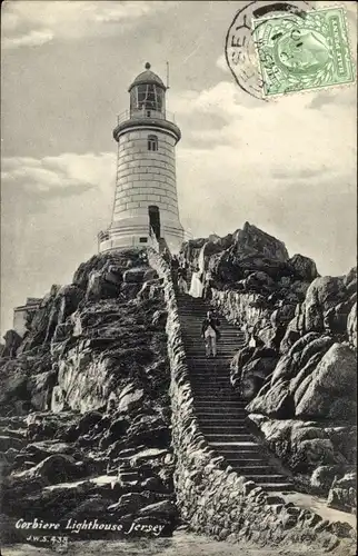 Ak Jersey Kanalinseln, Leuchtturm, Blick auf den Leuchtturm, Treppen