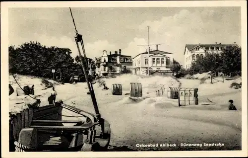 Ak Ostseebad Ahlbeck Heringsdorf auf Usedom, Dünenweg Seestraße, Strandkörbe, Strand