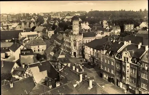 Ak Meuselwitz im Altenburger Land, Blick über die Dächer der Stadt, Straße, Geschäfte